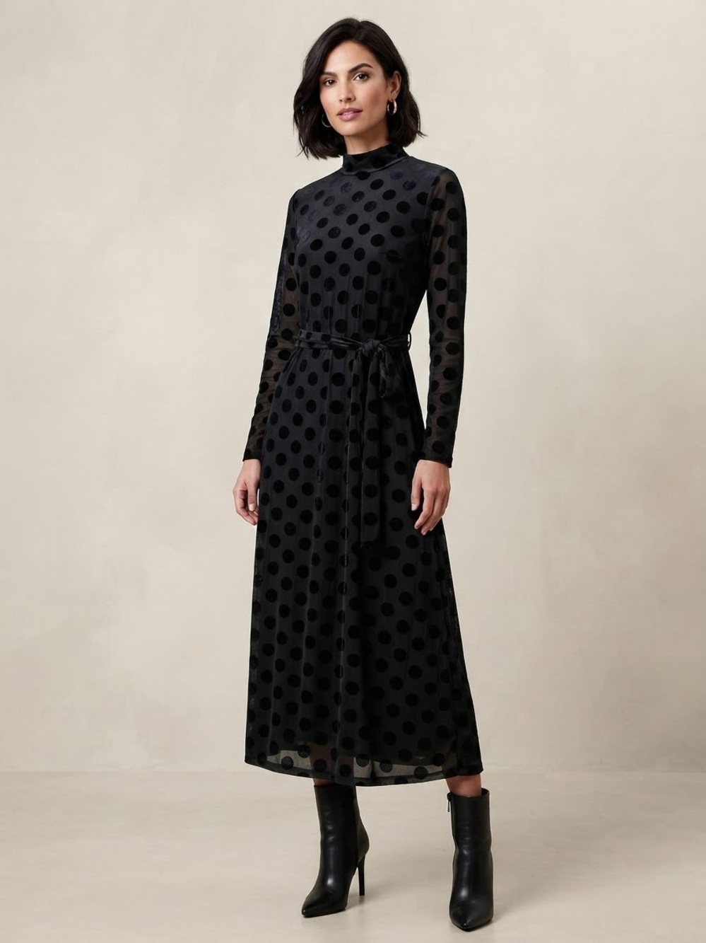 Anne Klein Black Velvet Dot Midi Dress
